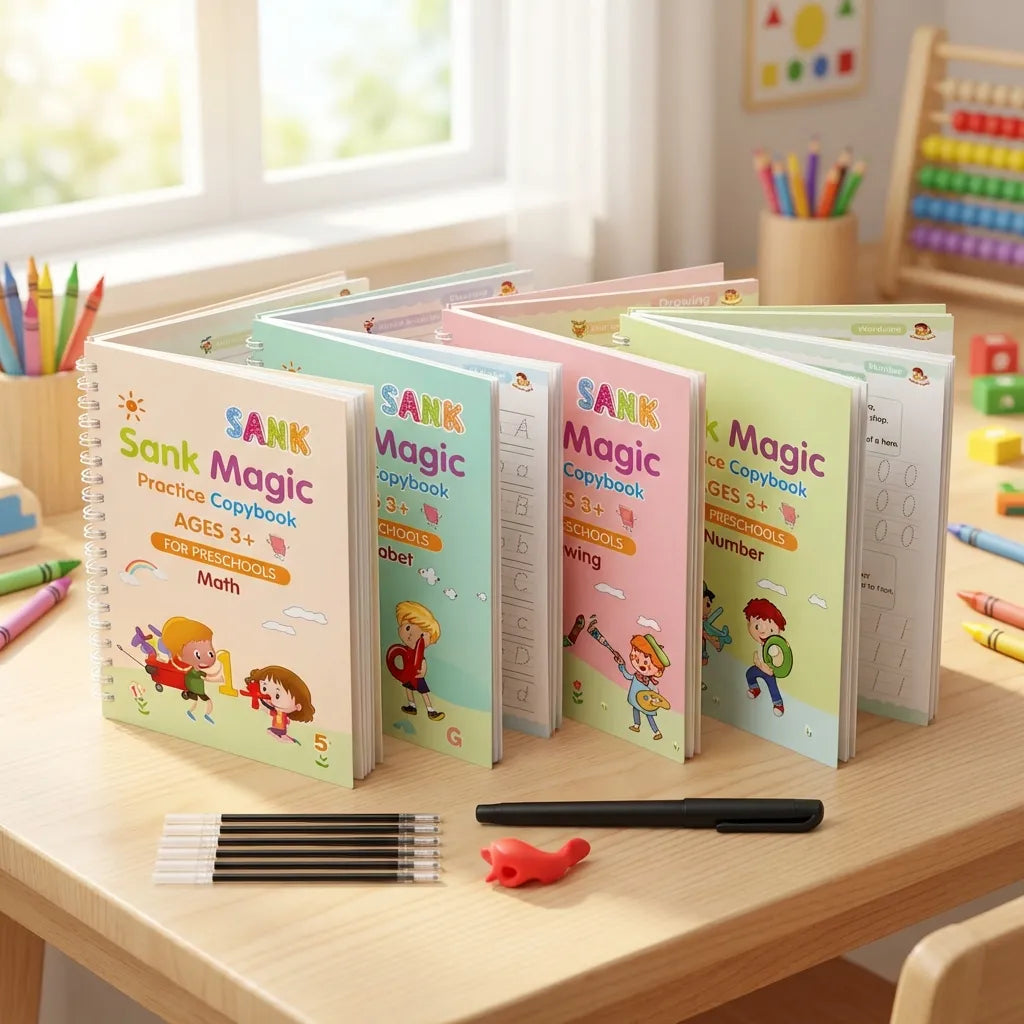 Junior's Magic Practice Copybook (4 BOOKS, 1 PEN, 1 GRIP, 10 REFILL)