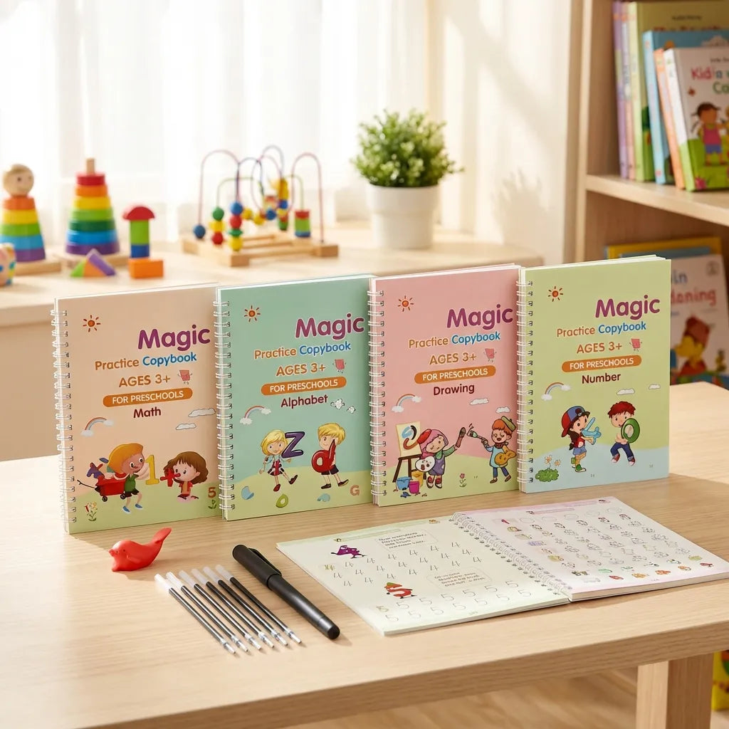 Junior's Magic Practice Copybook (4 BOOKS, 1 PEN, 1 GRIP, 10 REFILL)