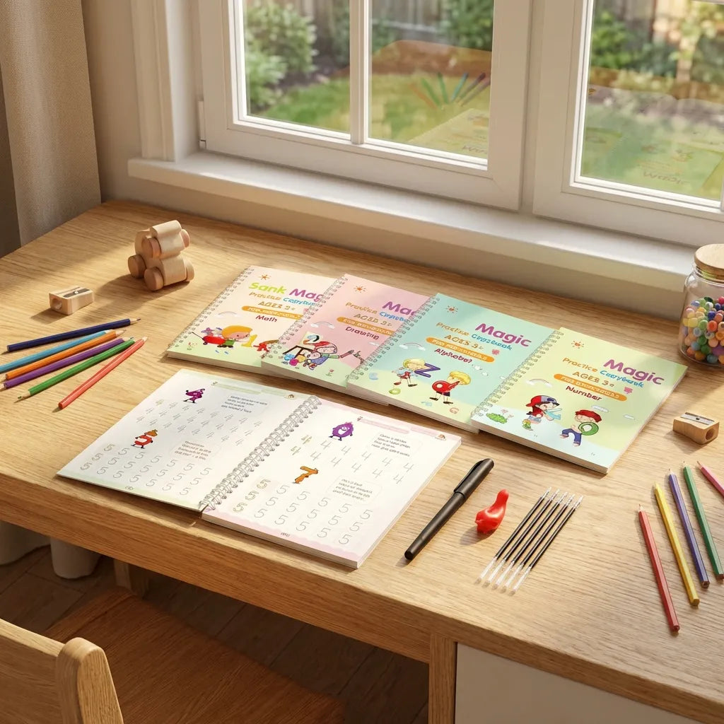 Junior's Magic Practice Copybook (4 BOOKS, 1 PEN, 1 GRIP, 10 REFILL)